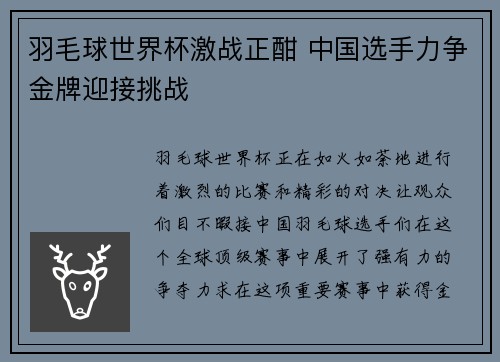 羽毛球世界杯激战正酣 中国选手力争金牌迎接挑战