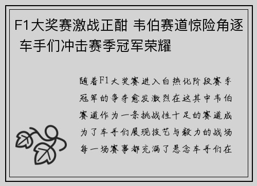 F1大奖赛激战正酣 韦伯赛道惊险角逐 车手们冲击赛季冠军荣耀